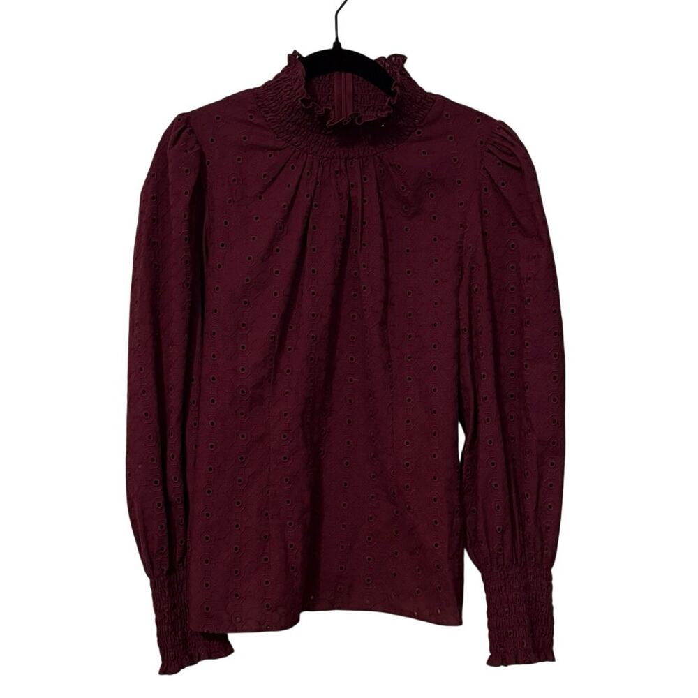 Veronica Beard 100% Cotton Burgundy Eyelet Trim Blouse Size 8